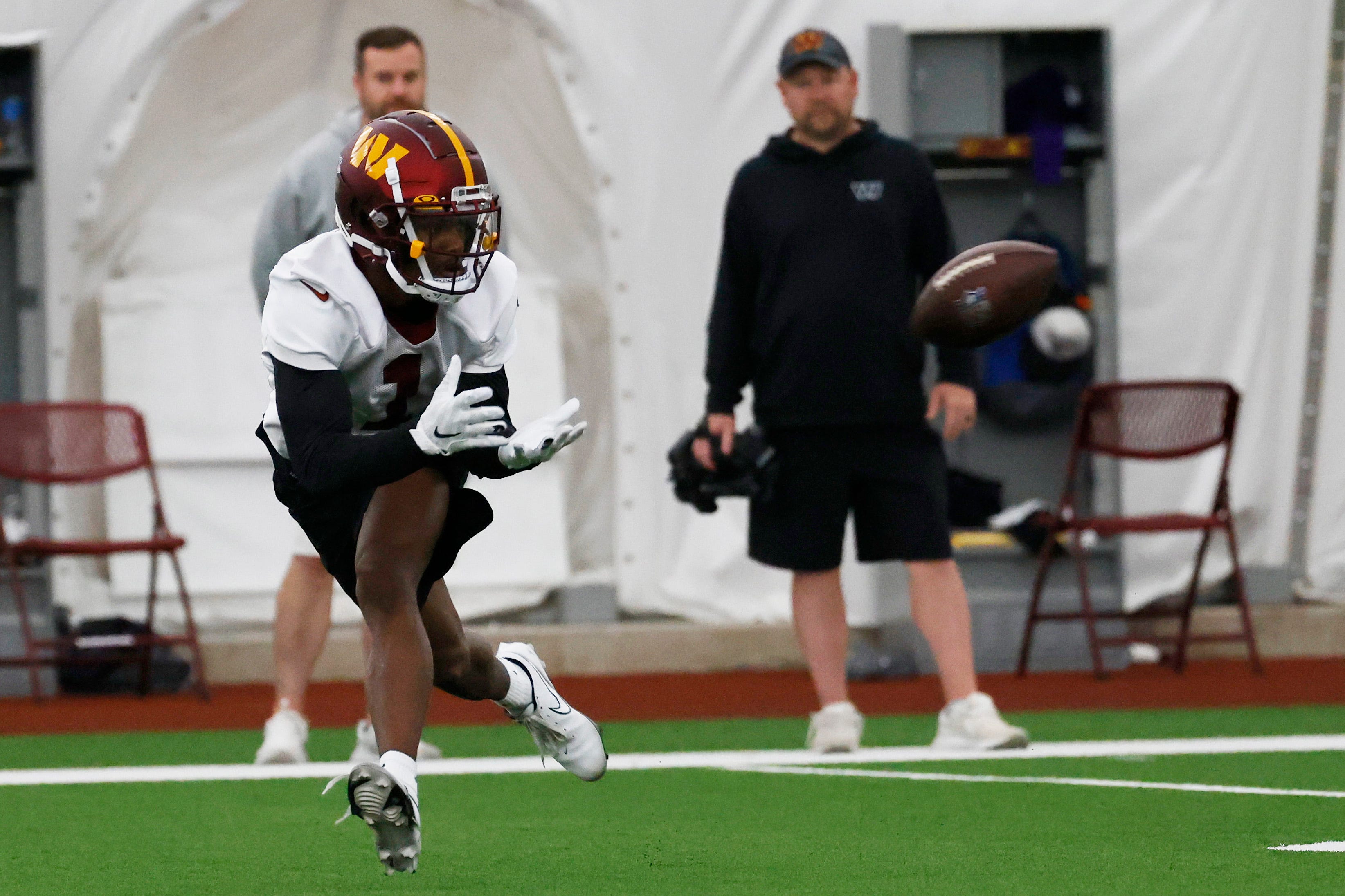 Washington Commanders wide receiver Jahan Dotson catches the ball during rookie minicamp at Inova Performance Center In Ashburn, Virginia, on May 6.