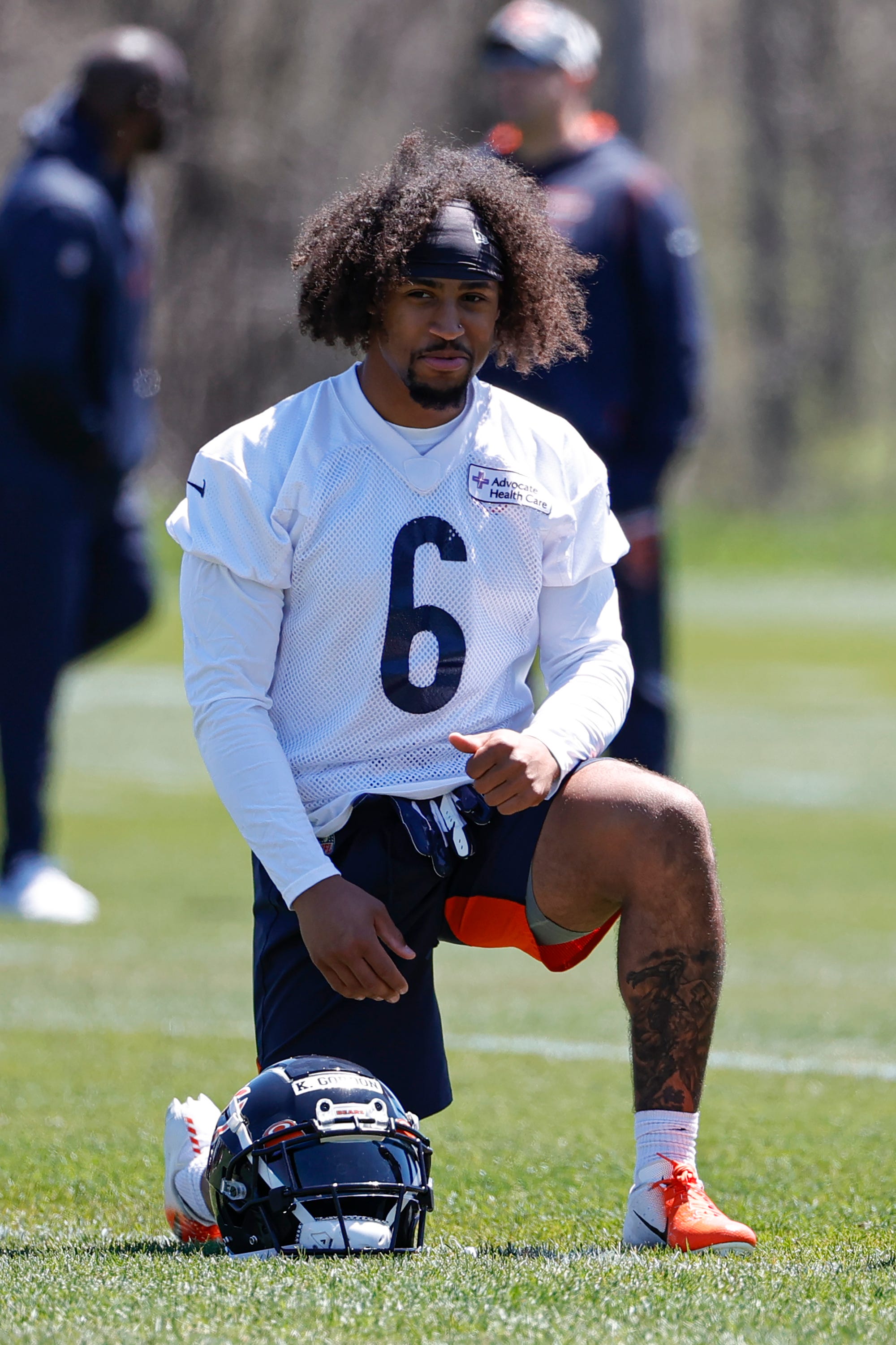 Chicago Bears cornerback Kyler Gordon stretches during the team's rookie minicamp at Halas Hall on May 7.