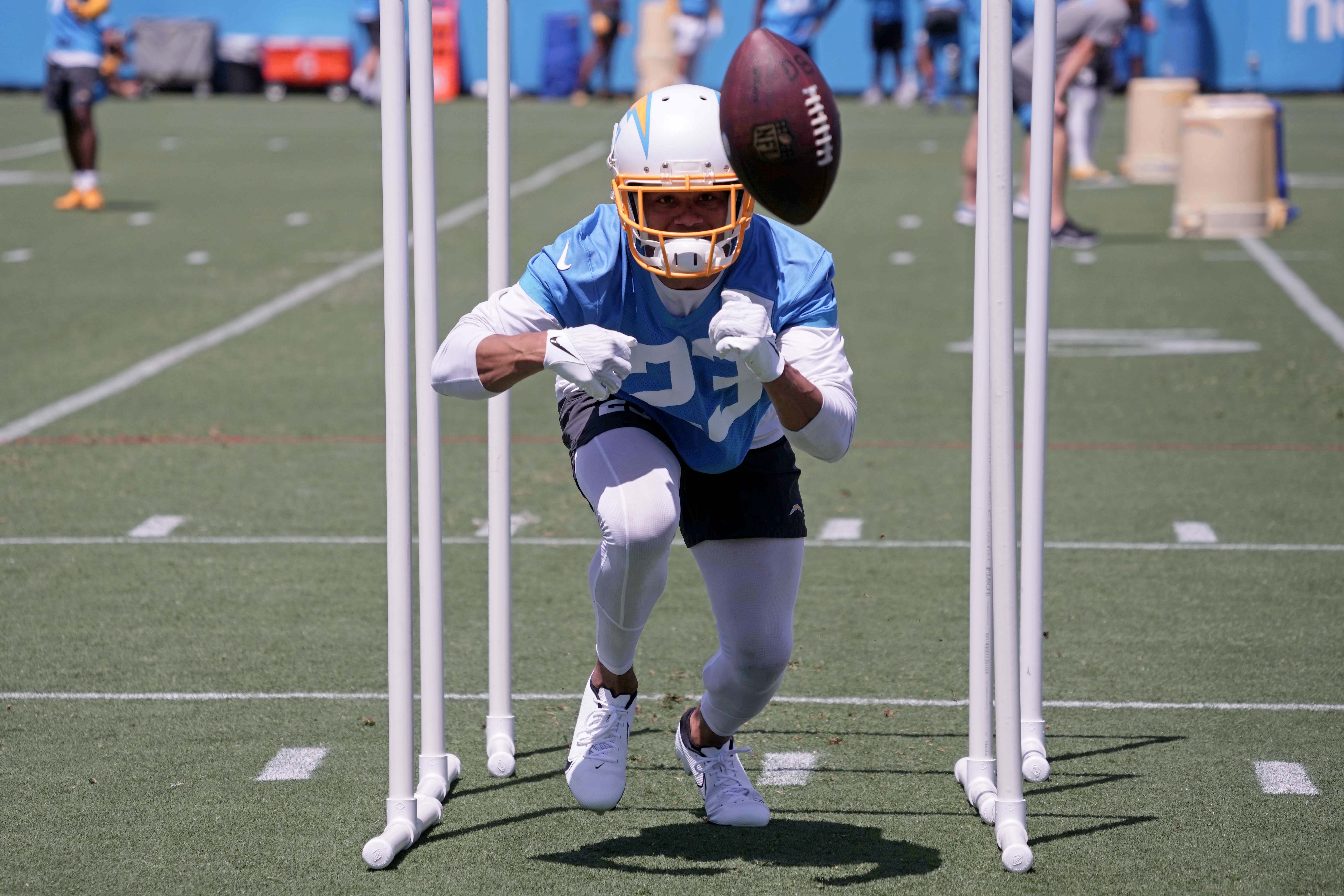 Los Angeles Chargers cornerback Bryce Callahan takes part in workouts at organized team activities on June 1.